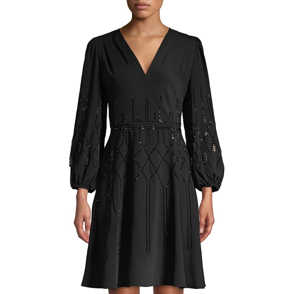 Kobi Halperin‎ Cassie Embellished Fit&Flare Dress Sz 4 Black Crystal Puff Sleeve